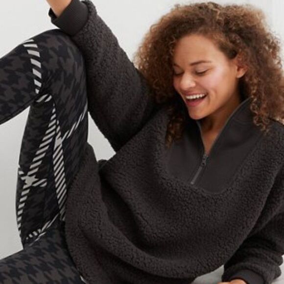 Aerie Dark Gray Long Sleeve Sherpa Pullover Over Quarter Zip Sweatshirt Small - Picture 1 of 8